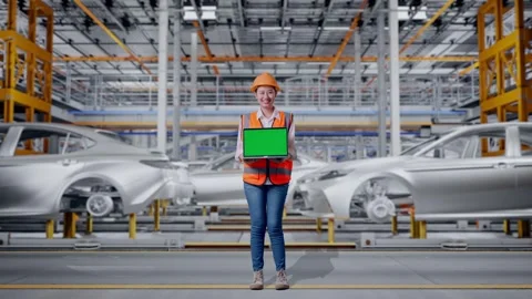 Female Engineer Showing Green Screen Laptop In Car Factory Stock Footage 331633349