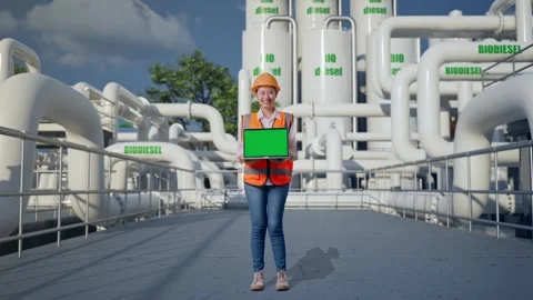 Female Engineer Showing Green Screen Laptop at Biodiesel plant Stock Footage 332117341