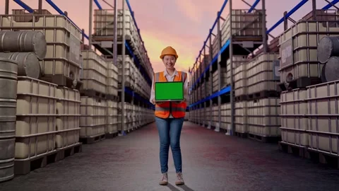Female Engineer Showing Green Screen Laptop at Fuel Warehouse Stock Footage 332157725