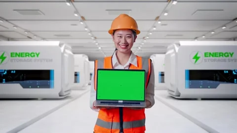 Female Engineer Showing Green Screen Laptop at Power Plant Stock Footage 333774171