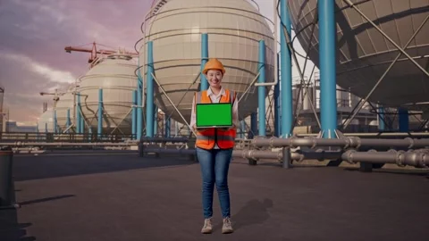 Female Engineer Showing Green Screen Laptop with Spherical Tank Stock Footage 335069890