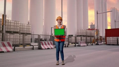 Female Engineer Showing Green Screen Laptop at Storage Facility Stock Footage 337755476