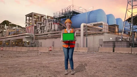 Female Engineer Showing Green Screen Laptop at Gas Plant Stock Footage 337764428