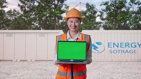 Female Engineer Showing Green Screen Laptop with Energy Storage Stock Footage 337818961