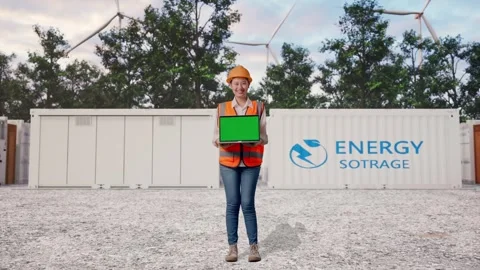 Female Engineer Showing Green Screen Laptop with Energy Storage Stock Footage 337821262