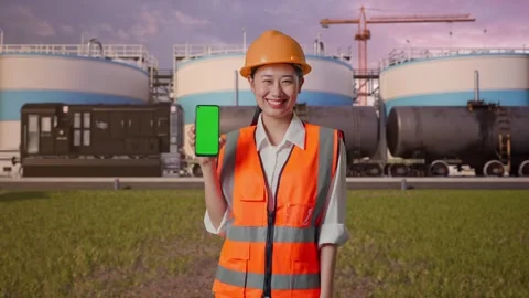 Female Engineer Showing Green Screen Smartphone at Oil Refinery Stock Footage 340143253