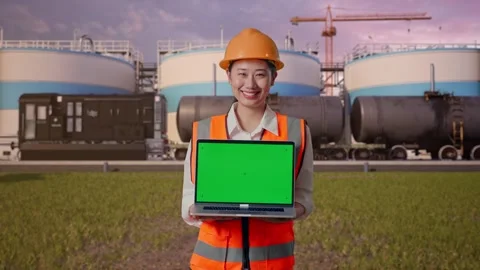 Female Engineer Showing Green Screen Laptop at Oil Refinery Stock Footage 340143266