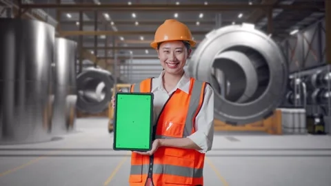 Female Engineer Showing Green Screen Tablet at Heavy Factory Stock Footage 340823345