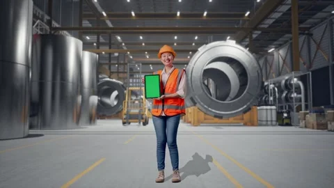 Female Engineer Showing Green Screen Tablet at Heavy Factory 動画素材 340826095