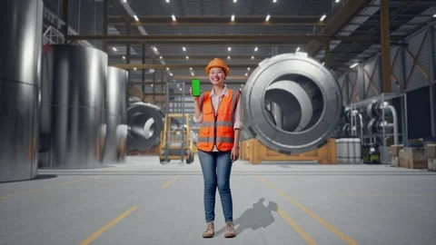 Female Engineer Showing Green Screen Smartphone at Heavy Factory 動画素材 340826128