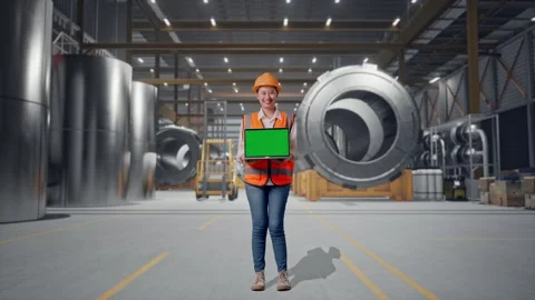 Female Engineer Showing Green Screen Laptop at Heavy Factory Stock Footage 340826136