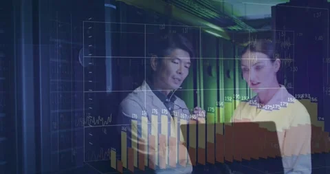 Female engineer showing laptop data and male tech listening while 3D chart Stock Footage 330509013