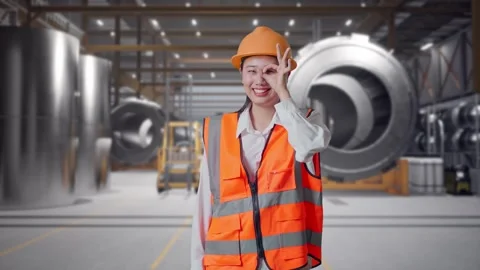 Female Engineer Showing Ok Hand Sign Over Eye at Heavy Factory Stock Footage 340822711
