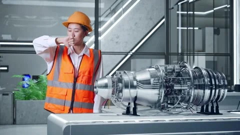 Female Engineer Showing Thumbs Down And Shaking Her Head With Electric Engine Vídeos de archivo 275136965