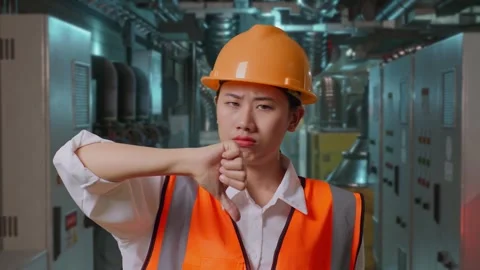 Female Engineer Showing Thumbs Down Gesture In Engine Control Room Stock Footage 292369468