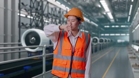 Female Engineer Showing Thumbs Down Gesture, Aircraft Engine Factory Vídeos de archivo 314607719