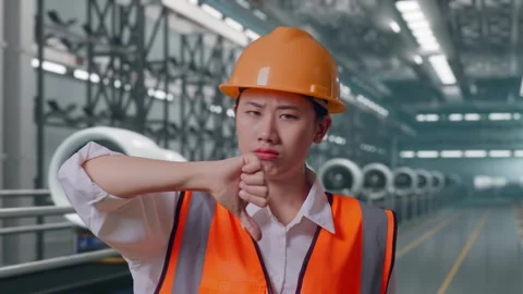Female Engineer Showing Thumbs Down Gesture, Aircraft Engine Factory Vídeos de archivo 314608440