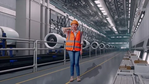 Female Engineer Showing Thumbs Down Gesture, Aircraft Engine Factory Vídeos de archivo 314609156