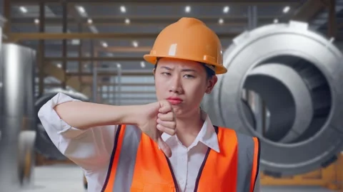 Female Engineer Showing Thumbs Down Gesture at Heavy Factory Stock Footage 340824972