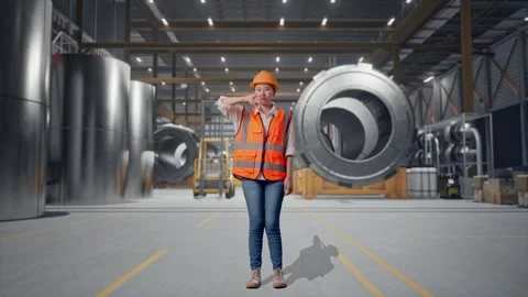 Female Engineer Showing Thumbs Down Gesture at Heavy Factory Stock Footage 340826023