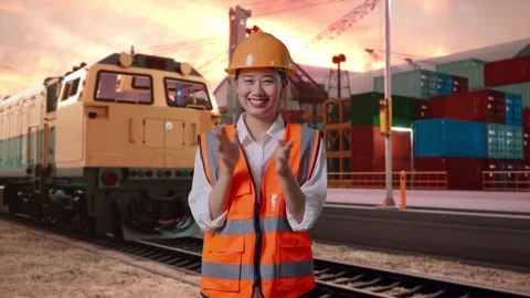 Female Engineer Smiling And Clapping Her Hands With Freight Cargo Train Video stock 297864576