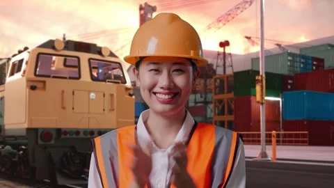 Female Engineer Smiling And Clapping Her Hands With Freight Cargo Train Video stock 297865691