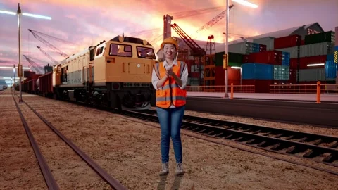 Female Engineer Smiling And Clapping Her Hands With Freight Cargo Train Video stock 297866517