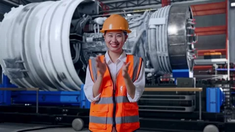 Female Engineer Smiling And Clapping Her Hands With Jet Engine Stock Footage 306604251