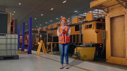 Female Engineer Smiling And Clapping Her Hands, Train Service Video stock 311241252