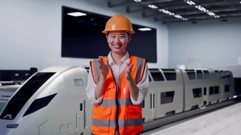 Female Engineer Smiling And Clapping Her Hands With Train in Lab Video stock 314115041
