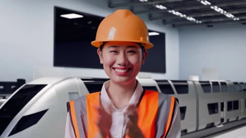 Female Engineer Smiling And Clapping Her Hands With Train in Lab Video stock 314115794