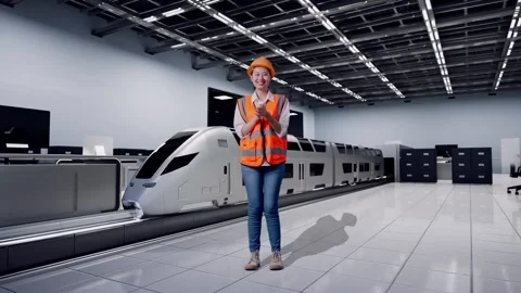 Female Engineer Smiling And Clapping Her Hands With Train in Lab Video stock 314116060