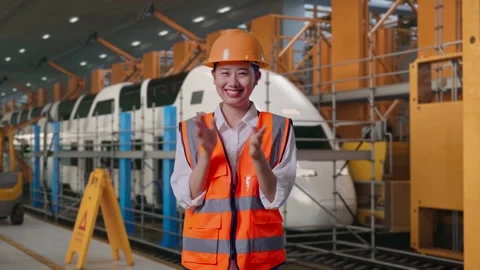 Female Engineer Smiling And Clapping Her Hands, Train Service Video stock 314564305