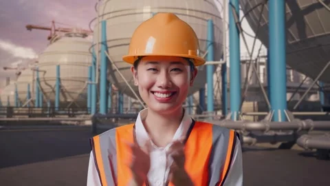 Female Engineer Smiling And Clapping Her Hands with Spherical Tank Stock Footage 335069317