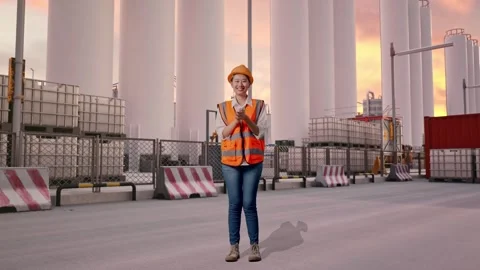 Female Engineer Smiling And Clapping Her Hands at Storage Facility Stock Footage 337755488