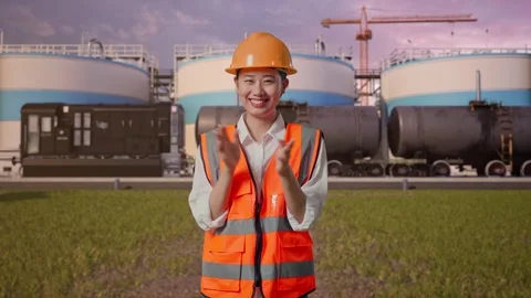 Female Engineer Smiling And Clapping Her Hands at Oil Refinery Stock Footage 340143525
