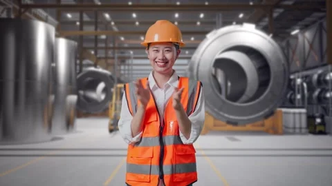 Female Engineer Smiling And Clapping Her Hands at Heavy Factory Stock Footage 340824606