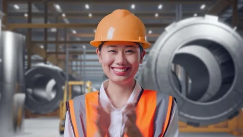 Female Engineer Smiling And Clapping Her Hands at Heavy Factory Stock Footage 340825605
