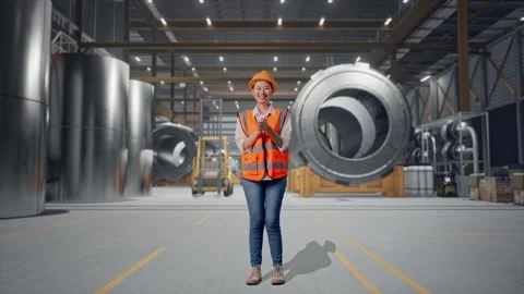 Female Engineer Smiling And Clapping Her Hands at Heavy Factory 動画素材 340826190