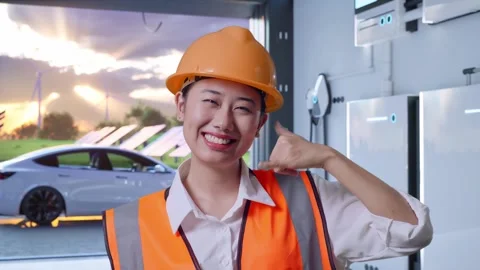 Female Engineer Smiling And Making Call Me Gesture With Energy Storage Stock Footage 296524407