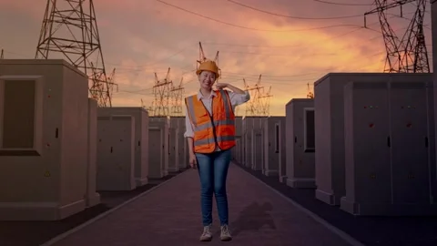 Female Engineer Smiling And Making Call Me Gesture with High Voltage Power Vídeos de archivo 331286574