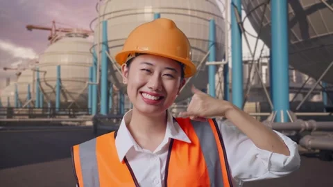 Female Engineer Smiling And Making Call Me Gesture with Spherical Tank Stock Footage 335068760