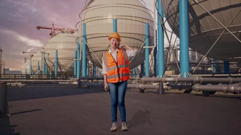 Female Engineer Smiling And Making Call Me Gesture with Spherical Tank Stock Footage 335069367