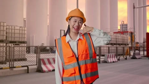 Female Engineer Smiling And Making Call Me Gesture at Storage Facility Stock Footage 337753394