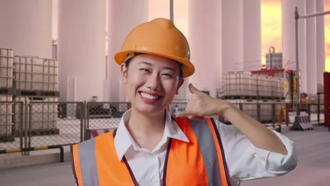 Female Engineer Smiling And Making Call Me Gesture at Storage Facility Stock Footage 337754233