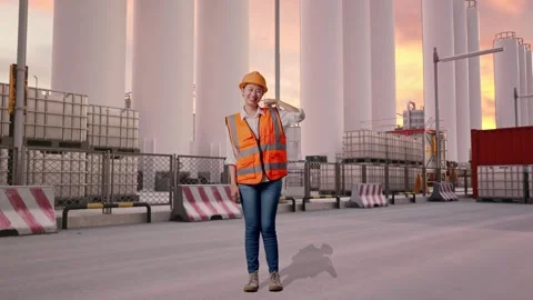 Female Engineer Smiling And Making Call Me Gesture at Storage Facility Stock Footage 337755237