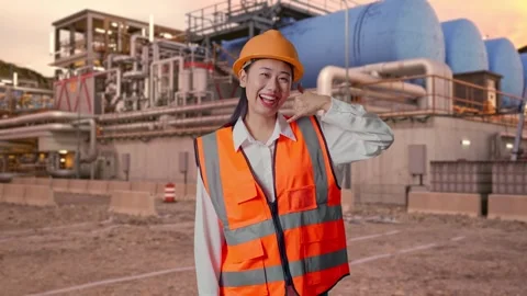 Female Engineer Smiling And Making Call Me Gesture at Gas Plant Stock Footage 337762332