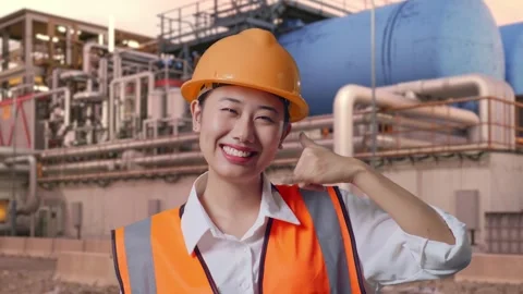 Female Engineer Smiling And Making Call Me Gesture at Gas Plant Stock Footage 337763094