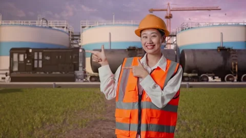 Female Engineer Smiling And Pointing To Side at Oil Refinery Stock Footage 340143024