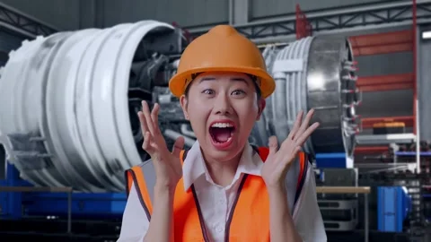 Female Engineer Smiling And Saying Wow With Jet Engine Stock Footage 306604384